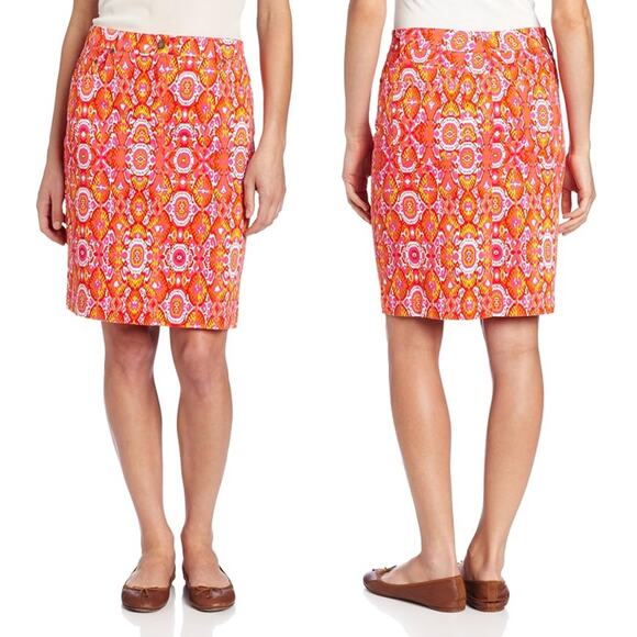 Jones New York Dresses & Skirts - Jones New York NWT Orange Hot Pink Ikat Print Soft Denim Pencil Skirt